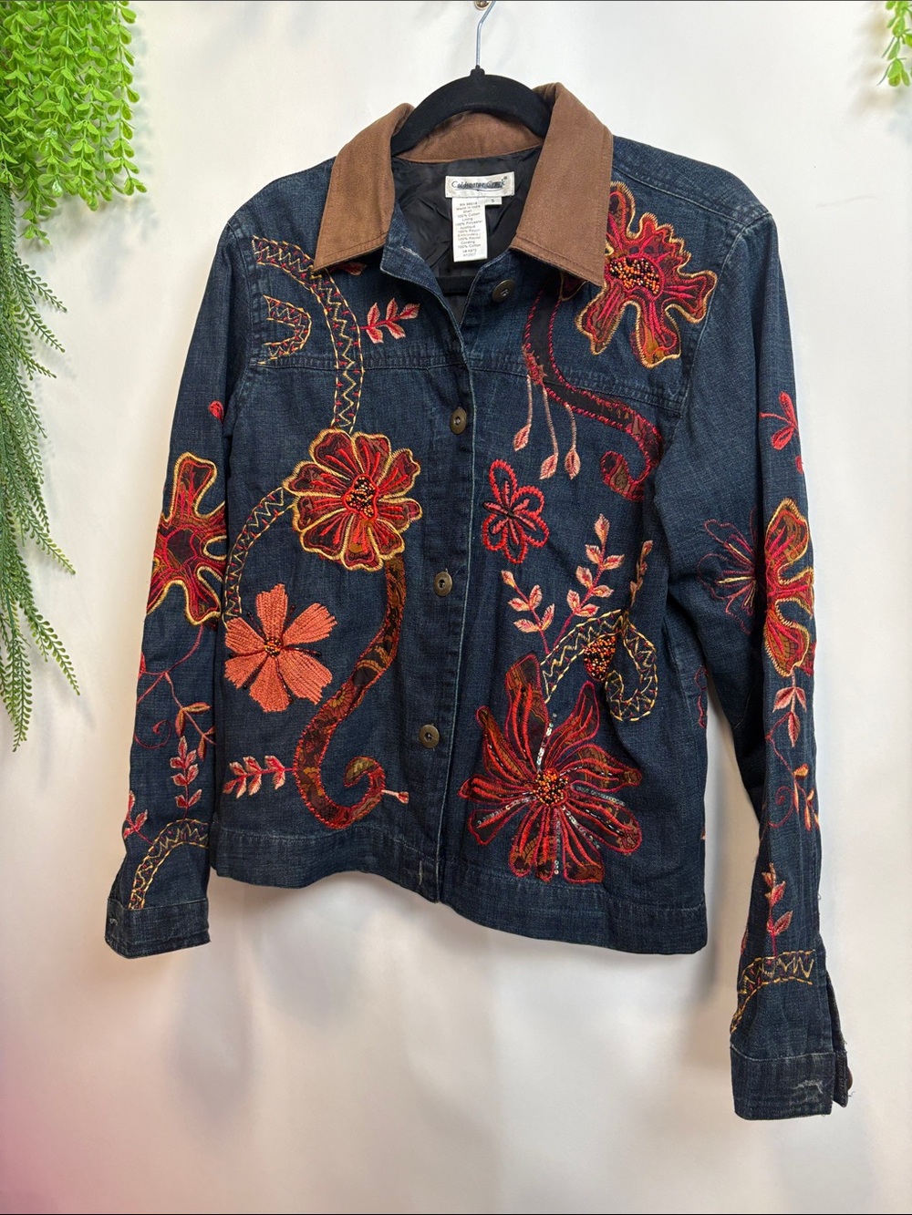 Coldwater Creek Embroidered Floral Denim Jacket - Navy with Red/Brown Accents
